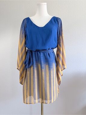 Hello Miss Blue Striped Dress Maximalist Flowy Batwing Sleeve Chiffon MinDress S
